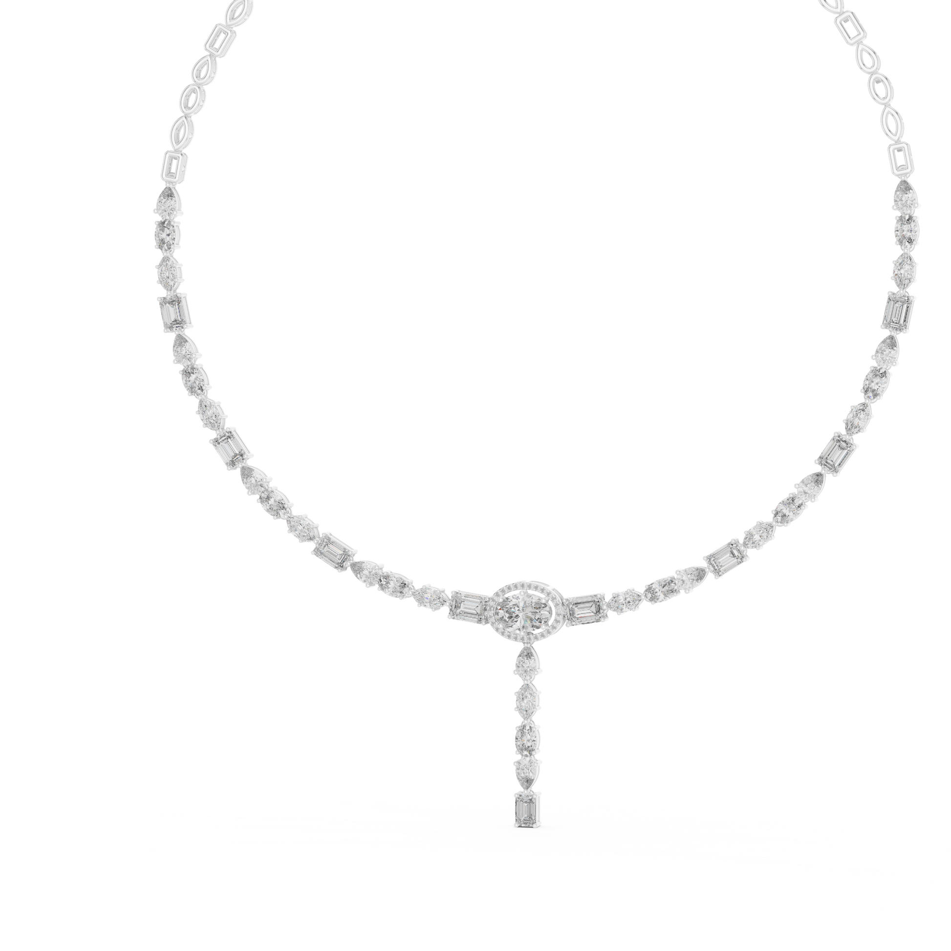 Rose gold diamond drop necklace featuring round, marquise, and emerald-cut diamonds in an elegant halo pendant design.