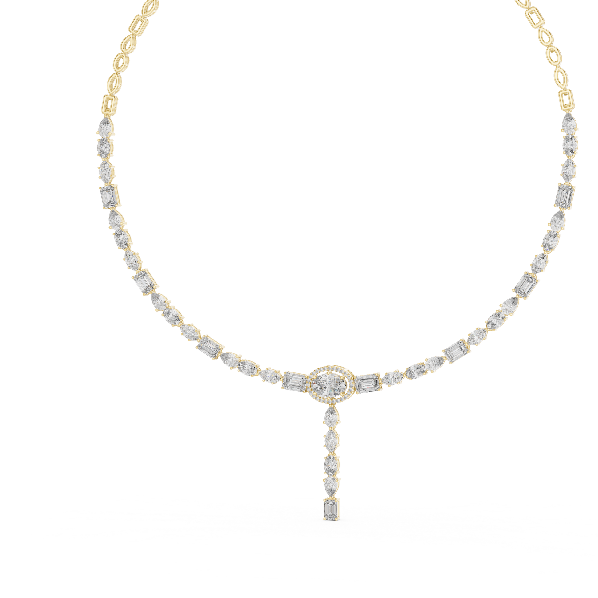 Rose gold diamond drop necklace featuring round, marquise, and emerald-cut diamonds in an elegant halo pendant design.