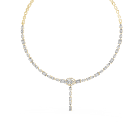 Rose gold diamond drop necklace featuring round, marquise, and emerald-cut diamonds in an elegant halo pendant design.