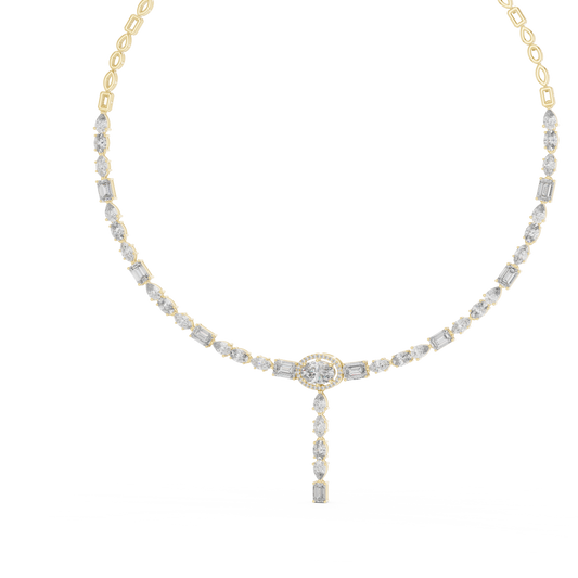 Rose gold diamond drop necklace featuring round, marquise, and emerald-cut diamonds in an elegant halo pendant design.