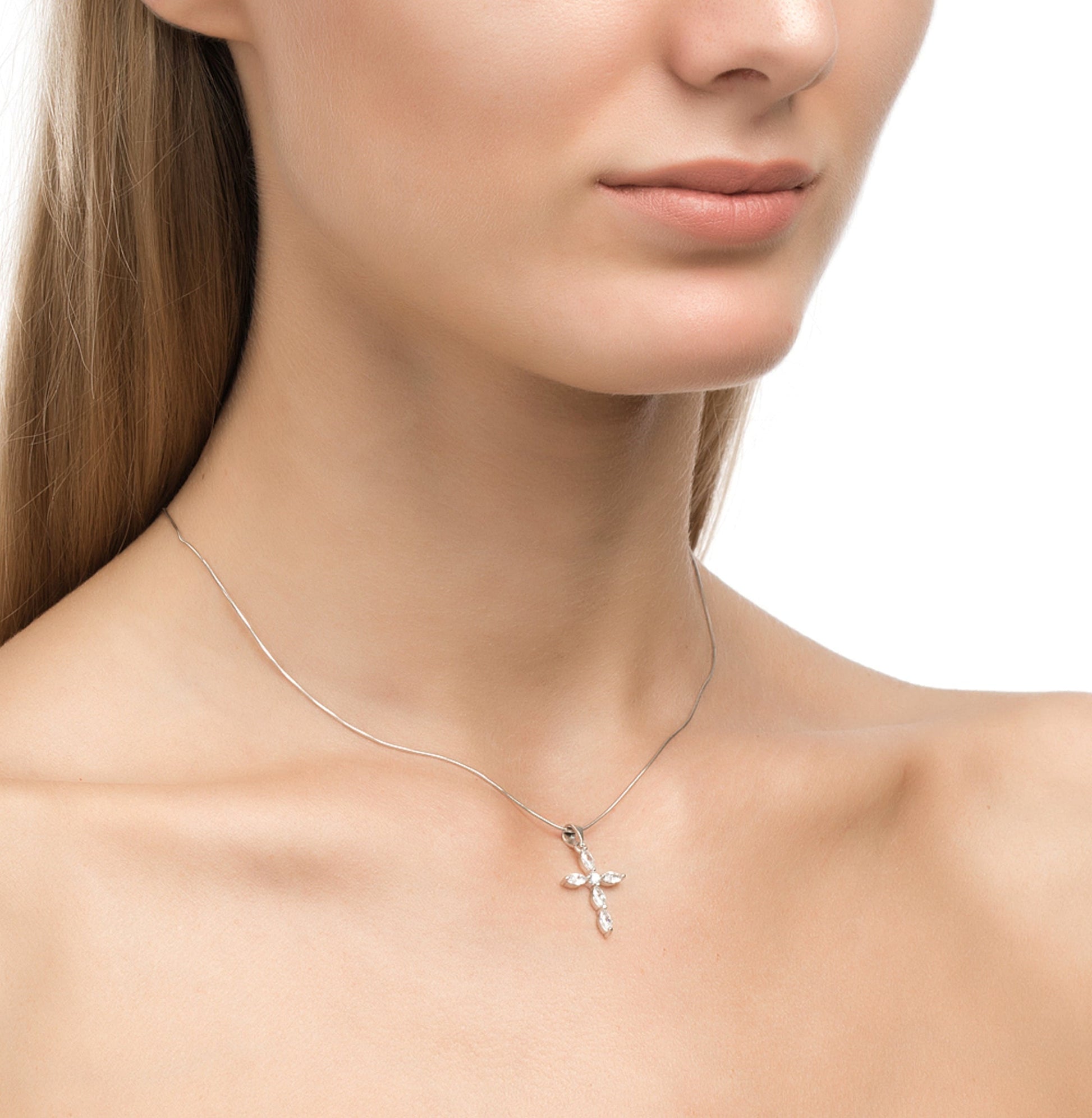 14K Gold Cross Necklace, Marquise Diamond Pendant Cushionblue