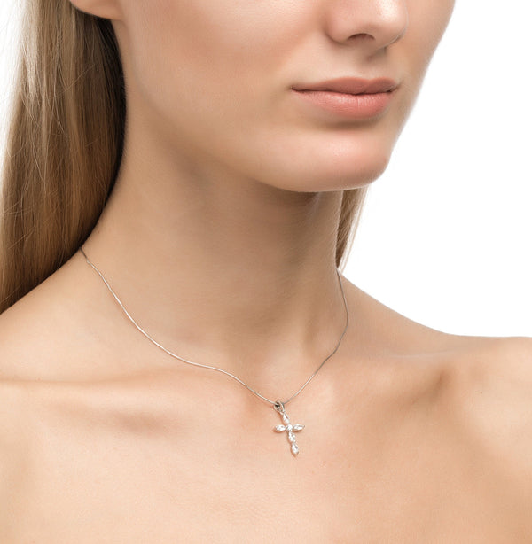 14K Gold Cross Necklace, Marquise Diamond Pendant Cushionblue