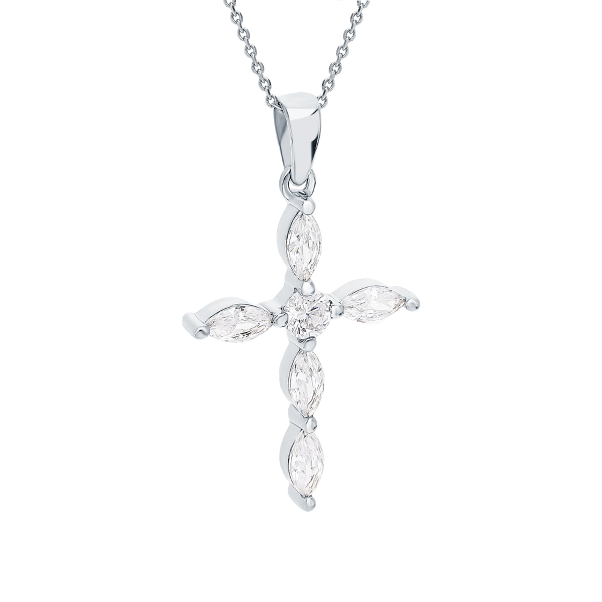 14K Gold Cross Necklace, Marquise Diamond Pendant Cushionblue
