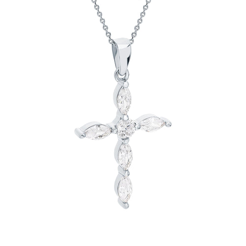 14K Gold Cross Necklace, Marquise Diamond Pendant Cushionblue