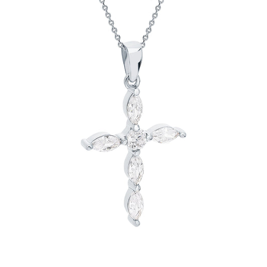 14K Gold Cross Necklace, Marquise Diamond Pendant Cushionblue