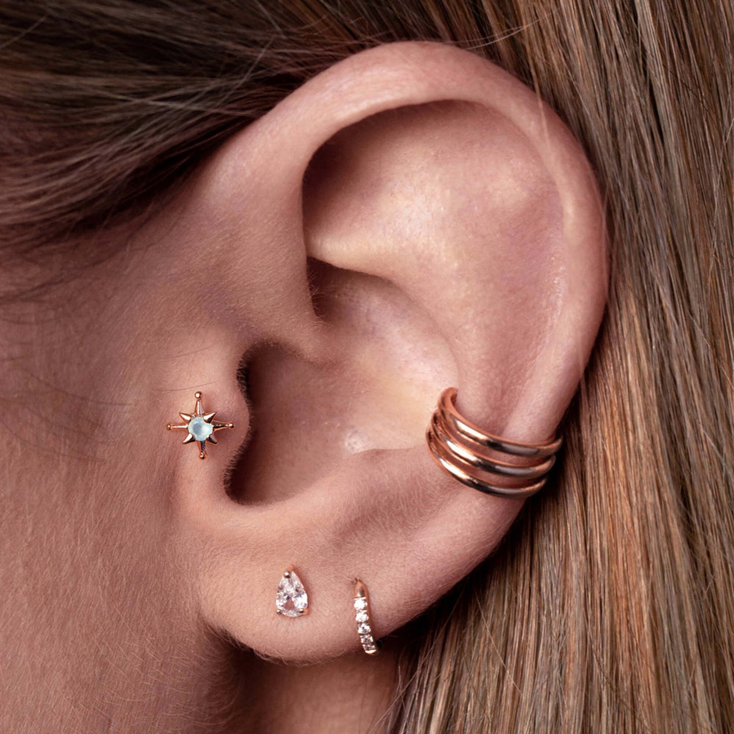 14k Solid Gold Triple Wire Ear Cuff,Three Band Cuff,Helix Piercing. Cushionblue