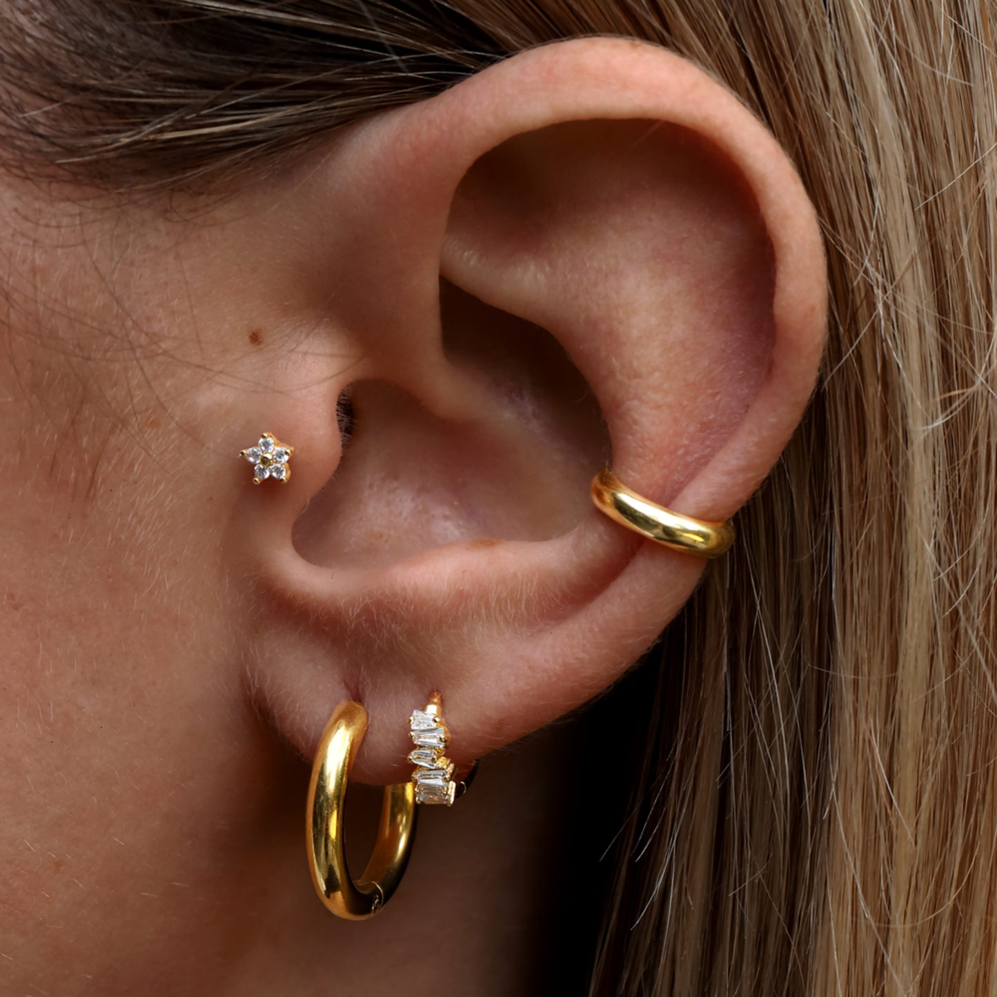 Solid Gold Huggie Hoop Ear Cuff, Non-Piercing Cuff Earrings. Cushionblue