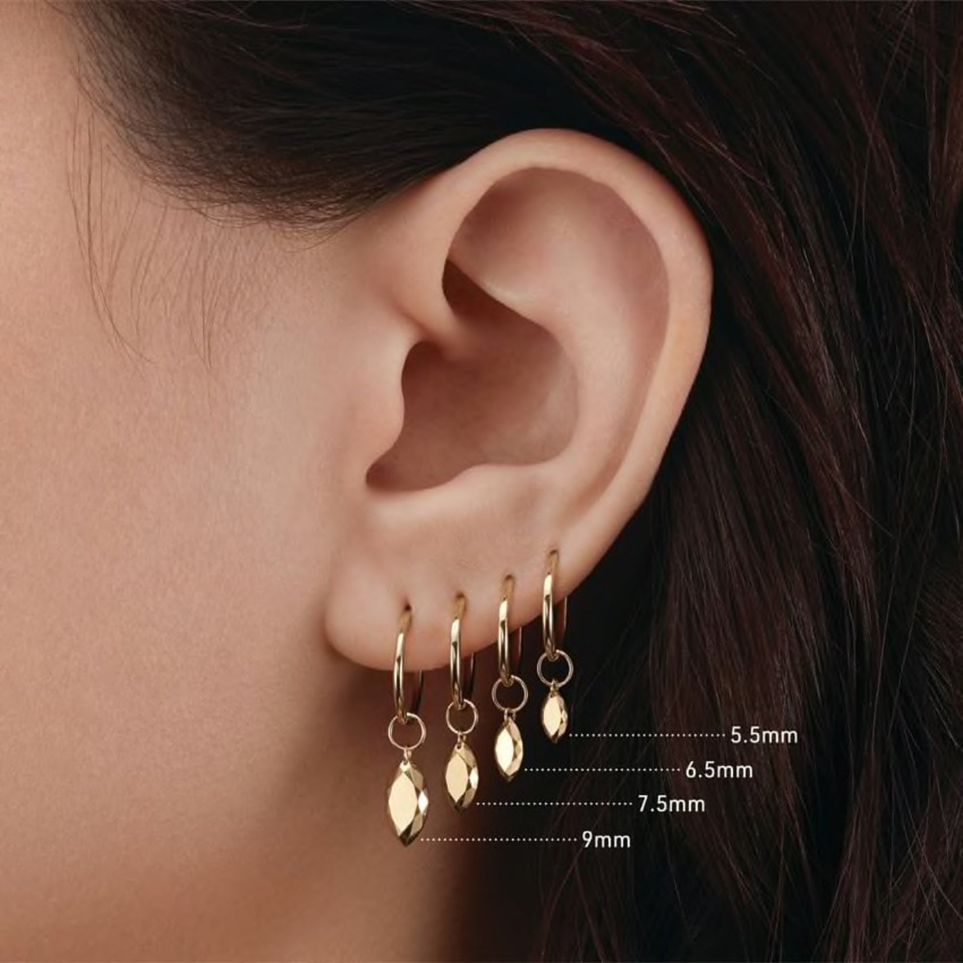 14k Gold Faceted Marquise Charm, Ear Piercing Drop, Add on for Hoop. Cushionblue