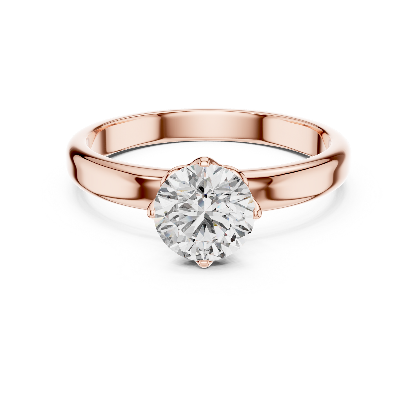 Rose gold ring with a large diamond on a white background