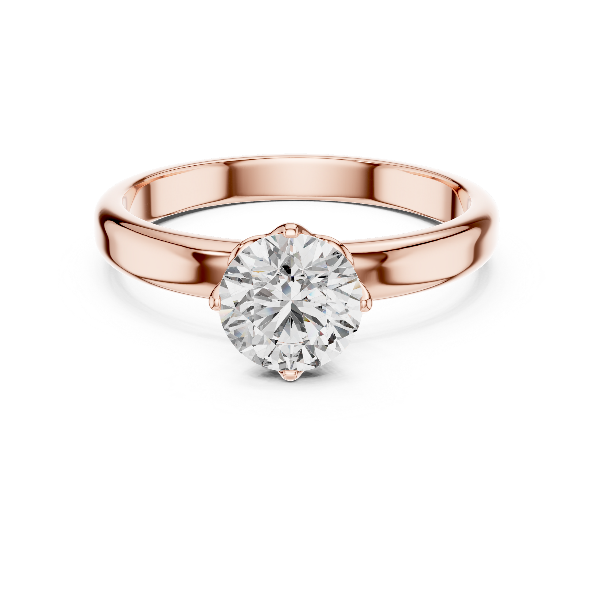 Rose gold ring with a large diamond on a white background