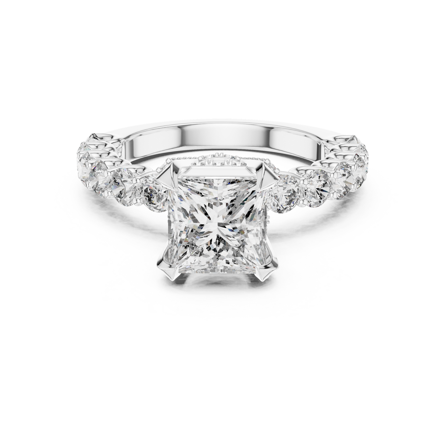 Princess Cut Diamond Engagement Ring in Gold, Silver, and Rose Gold with Round Diamond Accent Band

