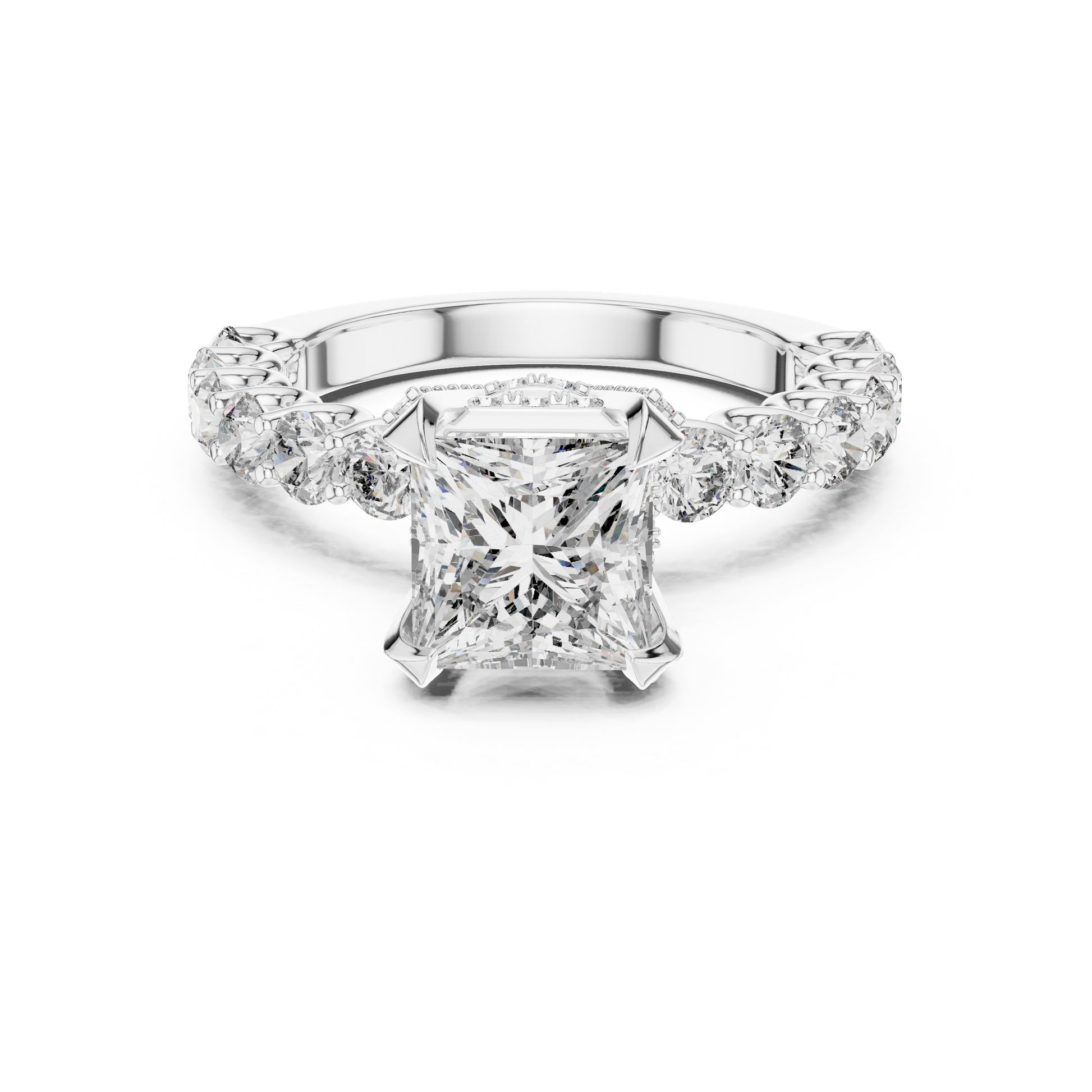Princess Cut Diamond Engagement Ring in Gold, Silver, and Rose Gold with Round Diamond Accent Band
