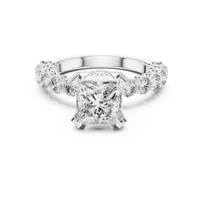 Princess Cut Diamond Engagement Ring in Gold, Silver, and Rose Gold with Round Diamond Accent Band
