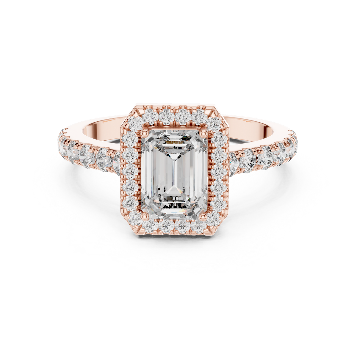 Emerald Cut Diamond Halo Engagement Ring in Rose Gold with Pavé Diamond Band