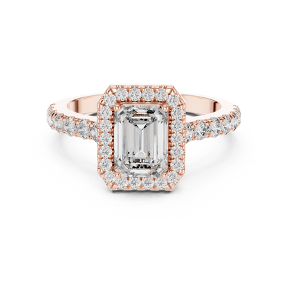 Emerald Cut Diamond Halo Engagement Ring in Rose Gold with Pavé Diamond Band