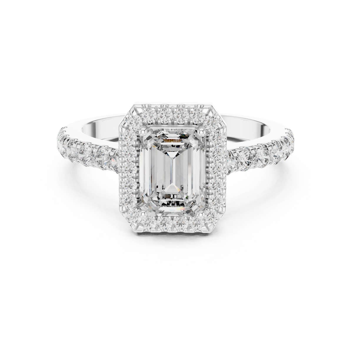 Emerald Cut Diamond Halo Engagement Ring in Silver with Pavé Diamond Band