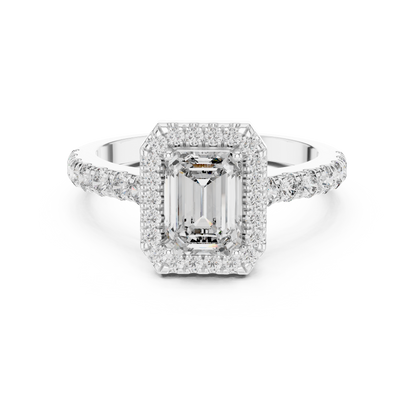 Emerald Cut Diamond Halo Engagement Ring in Silver with Pavé Diamond Band