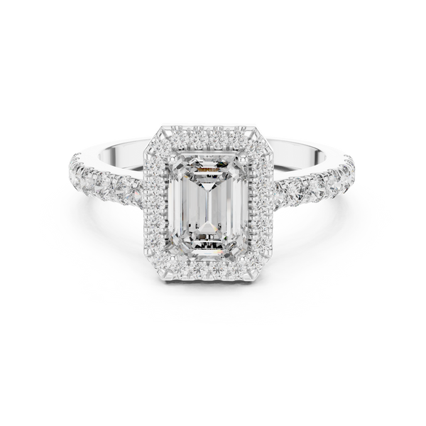 Emerald Cut Diamond Halo Engagement Ring in Silver with Pavé Diamond Band