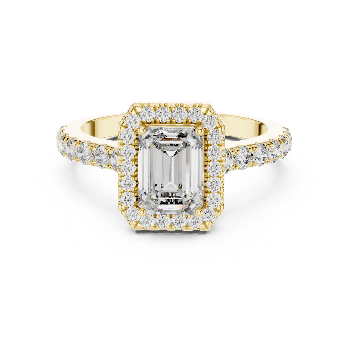 Emerald Cut Diamond Halo Engagement Ring in Yellow Gold with Pavé Diamond Band