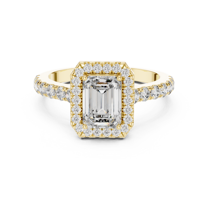 Emerald Cut Diamond Halo Engagement Ring in Yellow Gold with Pavé Diamond Band