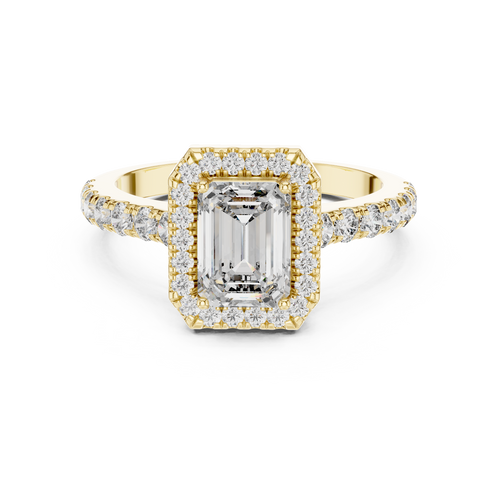 Emerald Cut Diamond Halo Engagement Ring in Yellow Gold with Pavé Diamond Band