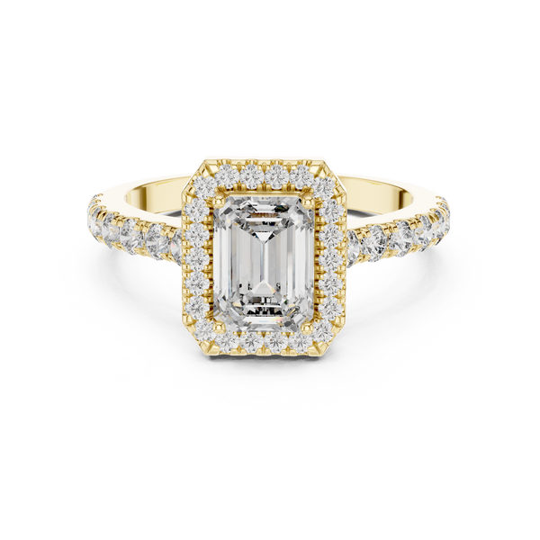 Emerald Cut Diamond Halo Engagement Ring in Yellow Gold with Pavé Diamond Band