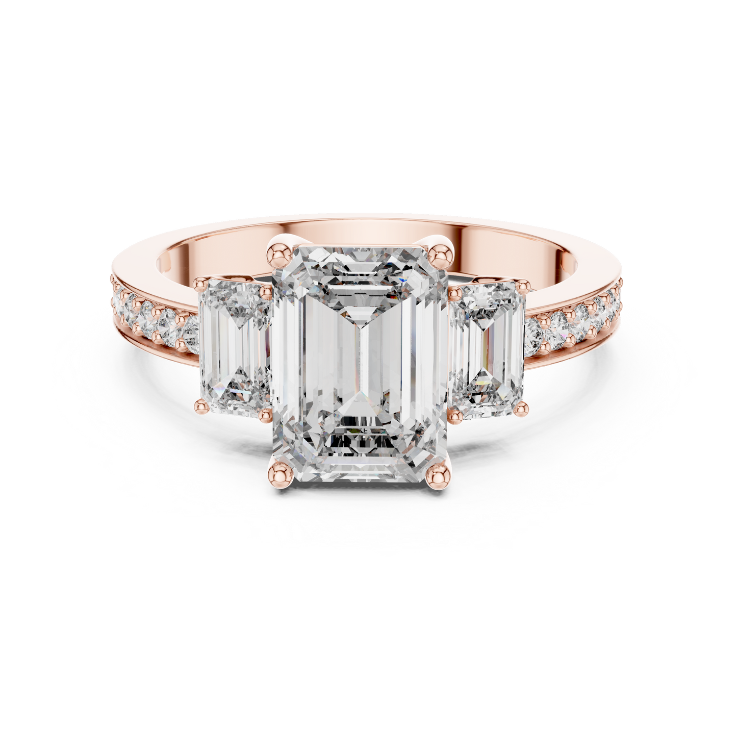 Three Stone Emerald Cut Diamond Engagement Ring in Rose Gold with Pavé Diamond Band
