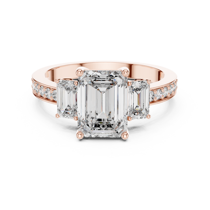 Three Stone Emerald Cut Diamond Engagement Ring in Rose Gold with Pavé Diamond Band
