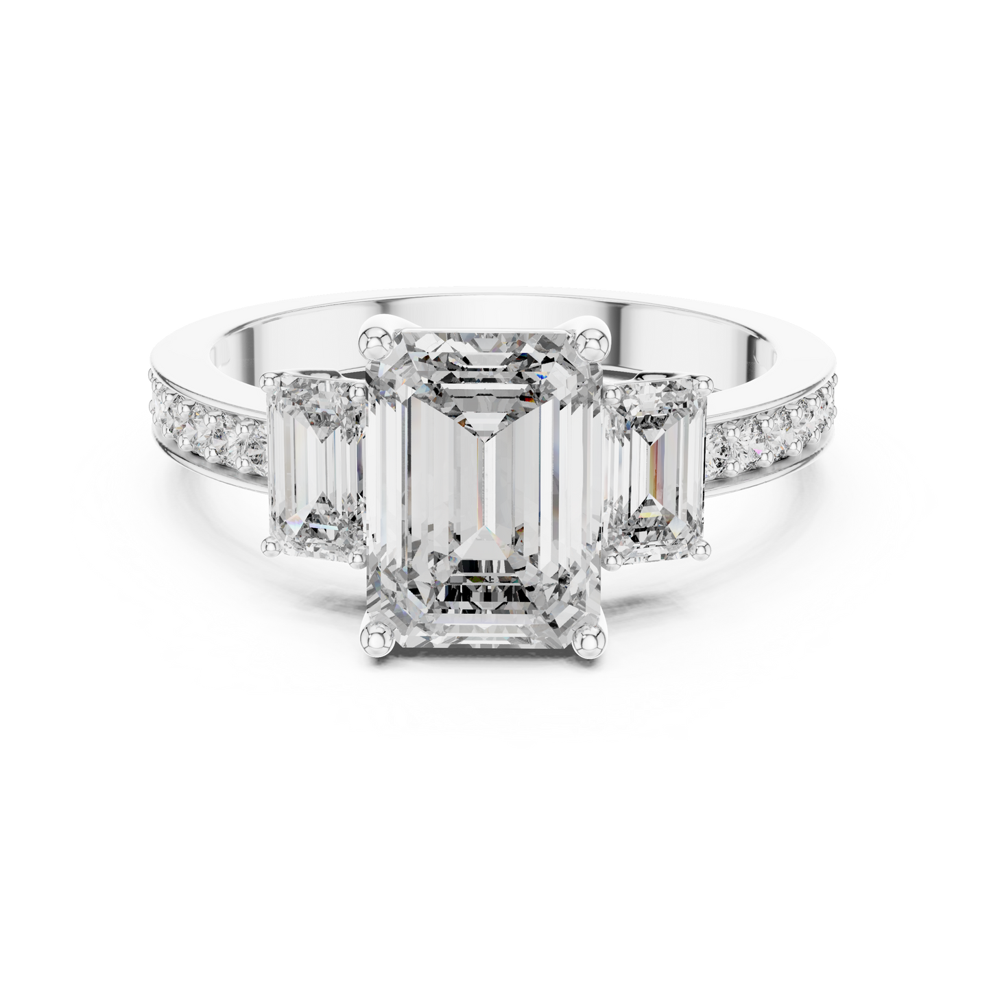 Three Stone Emerald Cut Diamond Engagement Ring in Silver with Pavé Diamond Band
