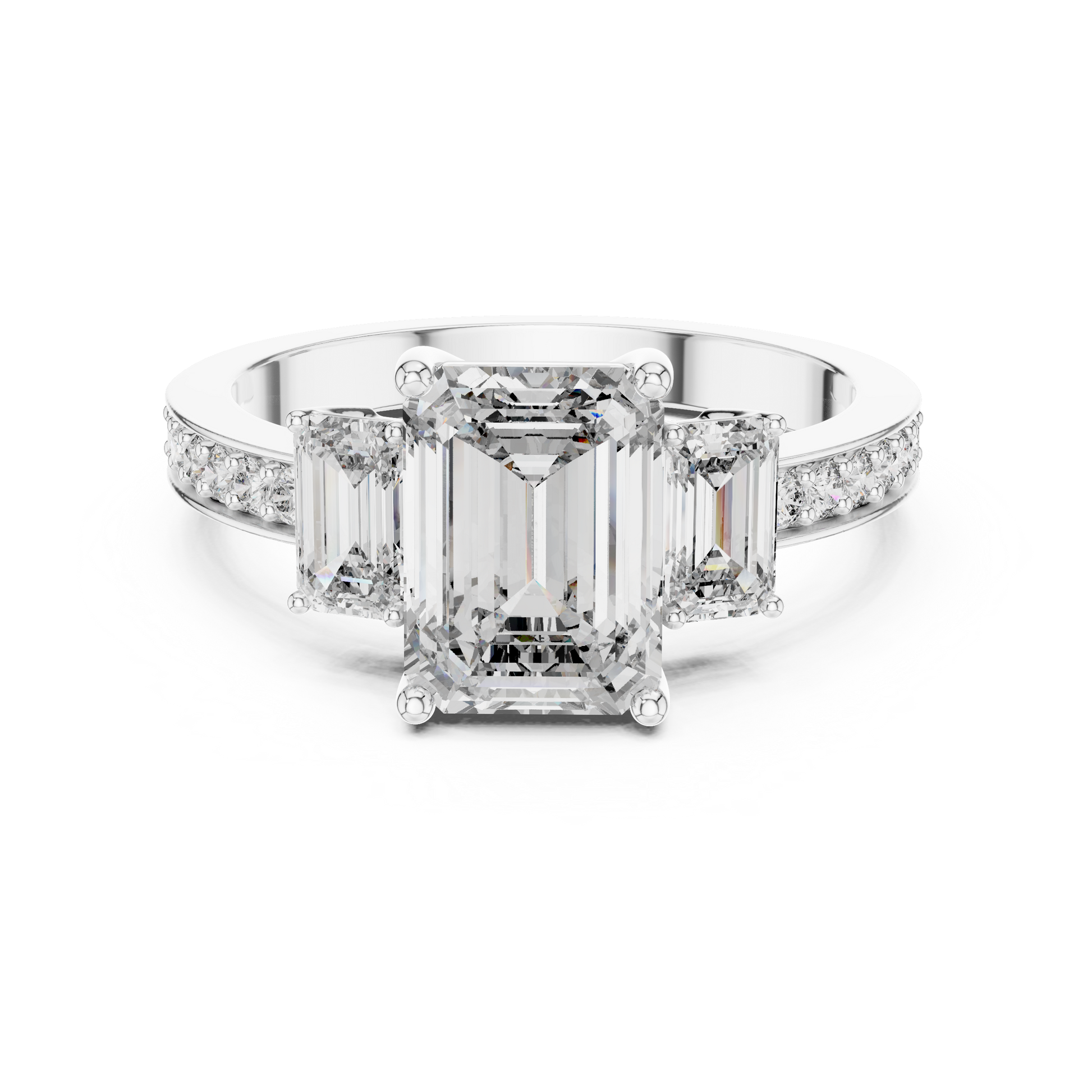 Three Stone Emerald Cut Diamond Engagement Ring in Silver with Pavé Diamond Band
