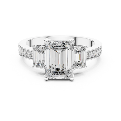 Three Stone Emerald Cut Diamond Engagement Ring in Silver with Pavé Diamond Band
