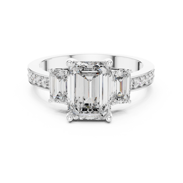 Three Stone Emerald Cut Diamond Engagement Ring in Silver with Pavé Diamond Band
