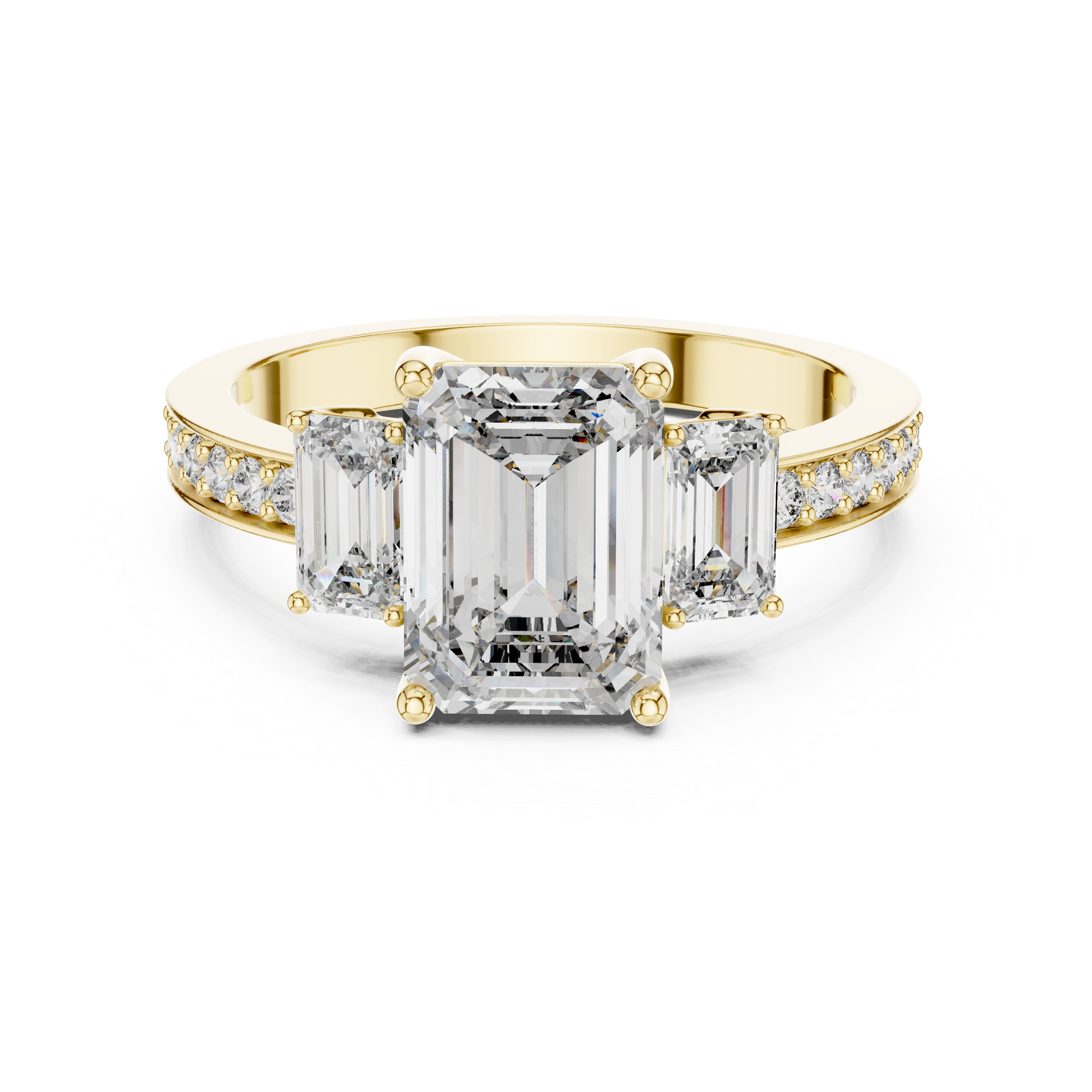 Three Stone Emerald Cut Diamond Engagement Ring in Yellow Gold with Pavé Diamond Band