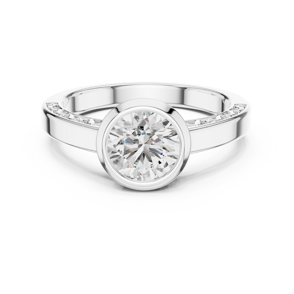 Round Cut Diamond Bezel Set Engagement Ring in White Gold