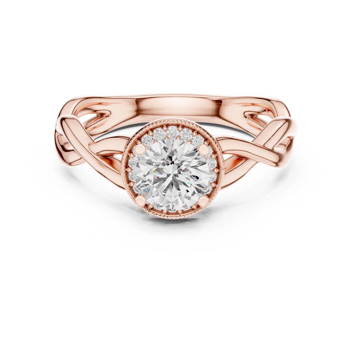 Round brilliant diamond engagement ring in rose gold with an intricate openwork band and sparkling accent diamonds.