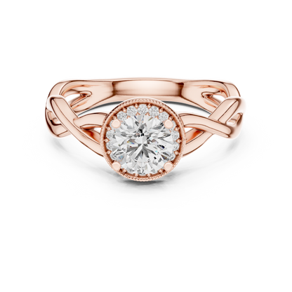 Round brilliant diamond engagement ring in rose gold with an intricate openwork band and sparkling accent diamonds.