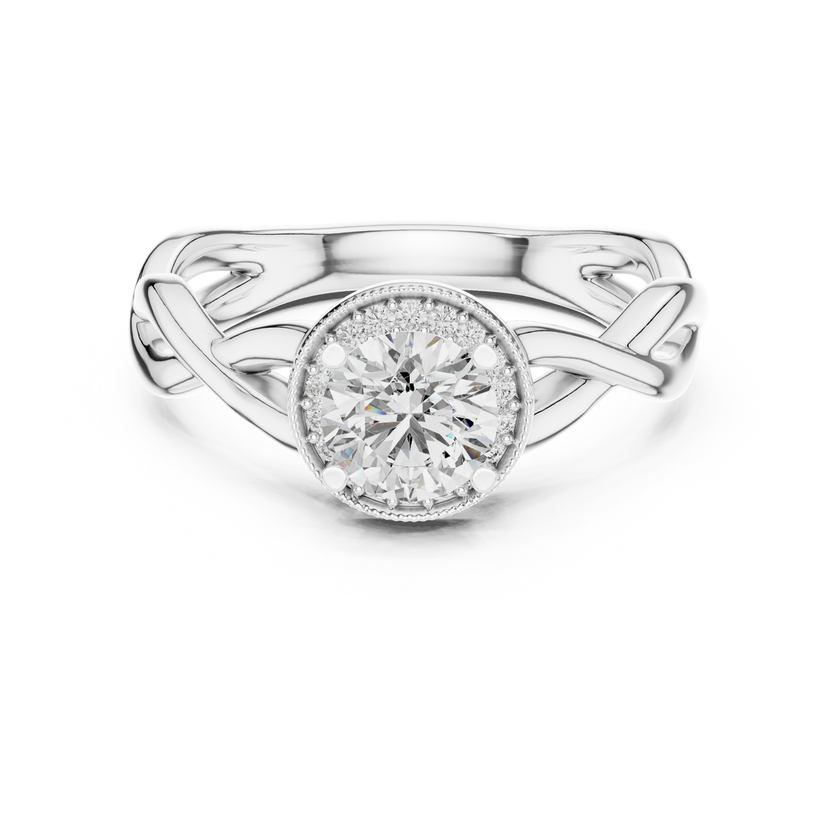 Round brilliant diamond engagement ring in white gold with an intricate openwork band and sparkling accent diamonds.