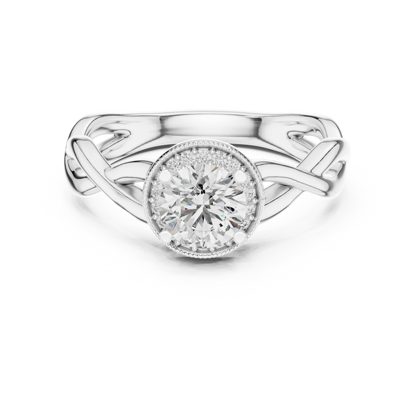 Round brilliant diamond engagement ring in white gold with an intricate openwork band and sparkling accent diamonds.
