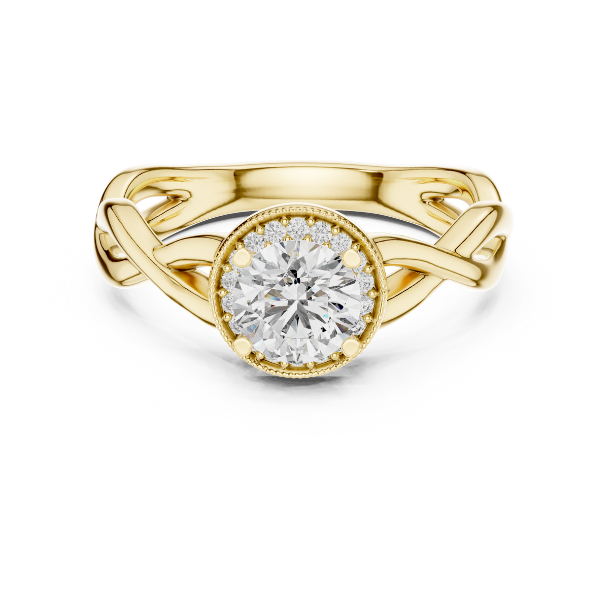 Round brilliant diamond engagement ring in gold with an intricate openwork band and sparkling accent diamonds.