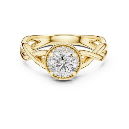 Round brilliant diamond engagement ring in gold with an intricate openwork band and sparkling accent diamonds.