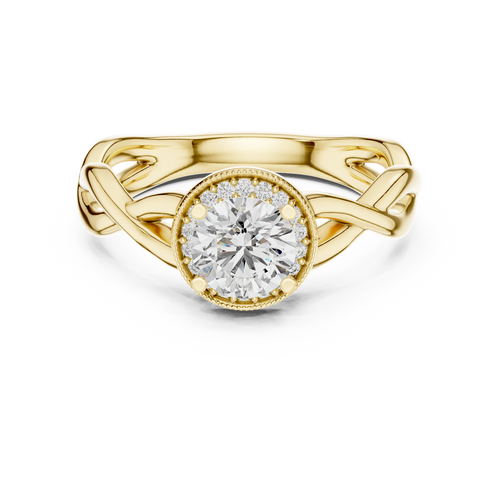Round brilliant diamond engagement ring in gold with an intricate openwork band and sparkling accent diamonds.