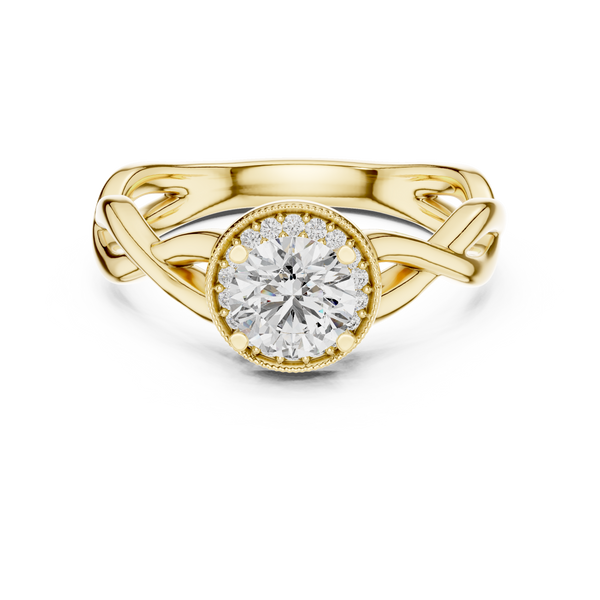 Round brilliant diamond engagement ring in gold with an intricate openwork band and sparkling accent diamonds.