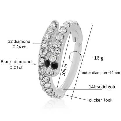14K White Gold  Conch Snake Hoop, Snake Design Diamond Clicker Piercing Cartilage Hoop. Cushionblue