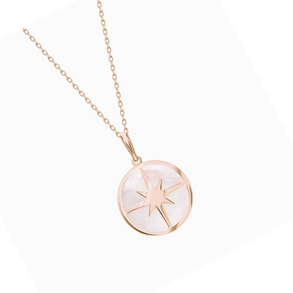 14K Gold Compass Necklace, Mother Of Pearl Compass Necklace, Birthstone Necklace. Cushionblue