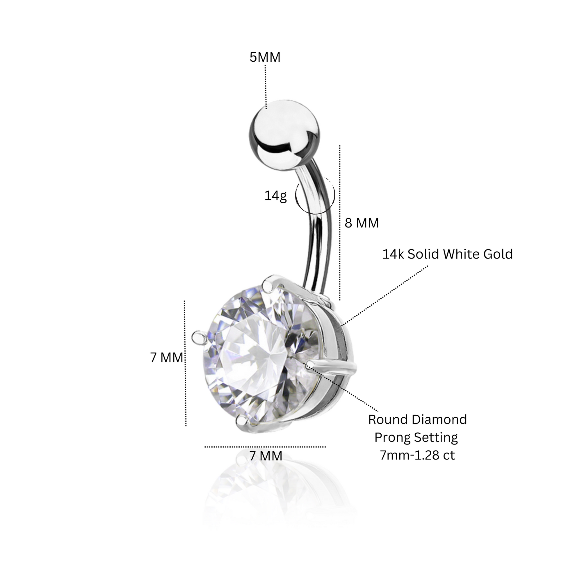 14k Solid Gold Round Diamond (1.28ct) Belly Piercing, Curved Barbells. Cushionblue