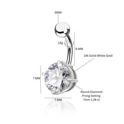 14k Solid Gold Round Diamond (1.28ct) Belly Piercing, Curved Barbells. Cushionblue