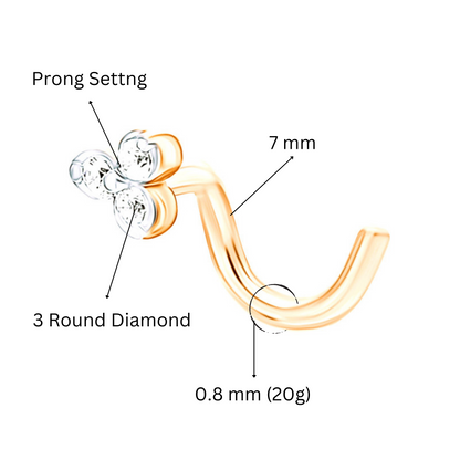 "14K Gold Trinity Diamond Nose Stud |  Genuine Diamond Piercing for Nostril or Tragus |  Genuine Diamond Piercing for Nostril or Tragus | Gifr For Her. Cushionblue