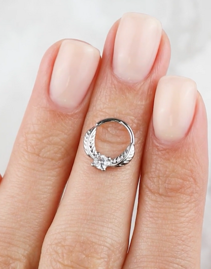 14K Gold Diamond Daith Ring, Natural Diamond Daith Piercing, Septum Nose Hoop. Cushionblue