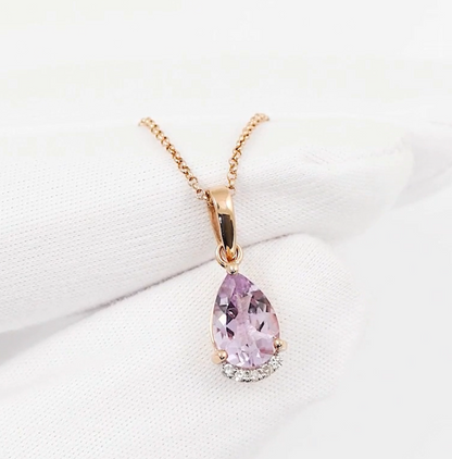 14K Gold Amethyst Teardrop Diamond Necklace,Pear Purple Amethyst Pendant. Cushionblue