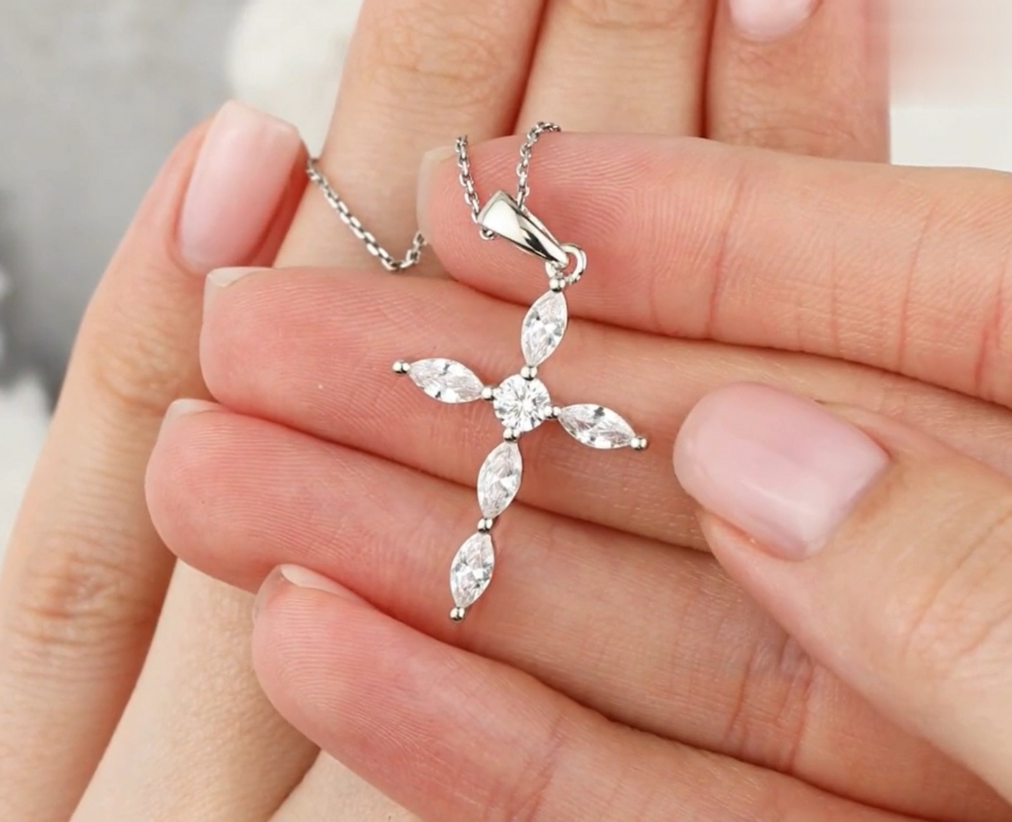 14K Gold Cross Necklace, Marquise Diamond Pendant Cushionblue